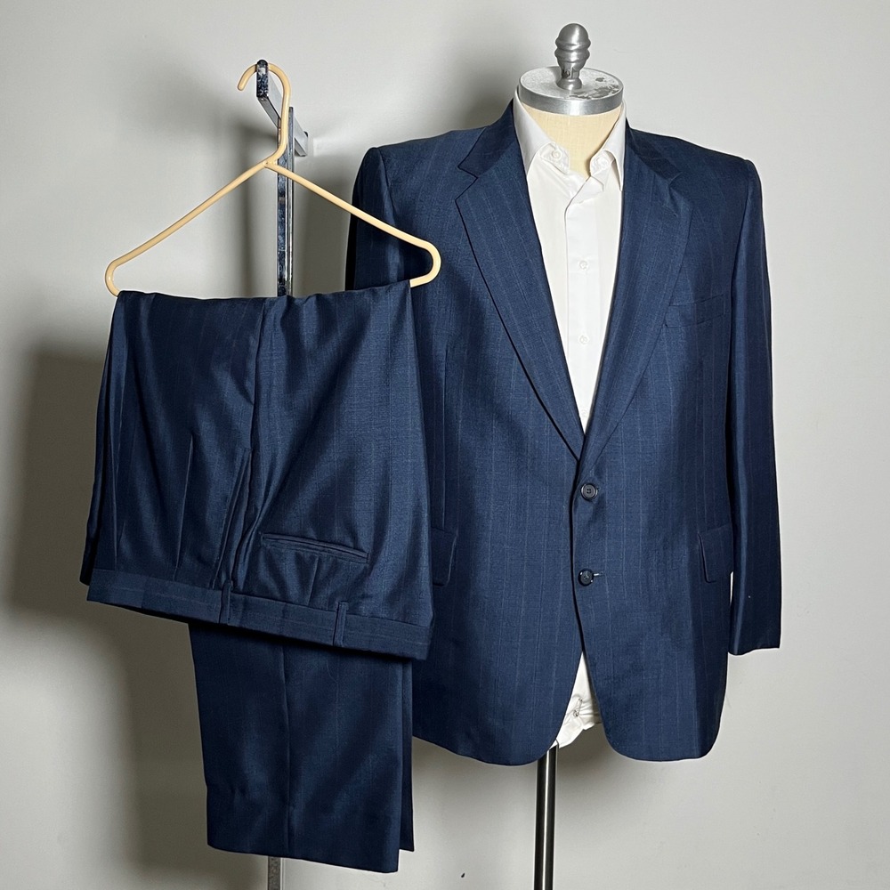 Kuppenheimer 2-Piece Suit Mens 46R 44x30 Navy Blue Pinstripe‎ Vintage Wool USA